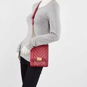 Chanel Red Chevron Quilted Lambskin Leather North/South Boy Bag
